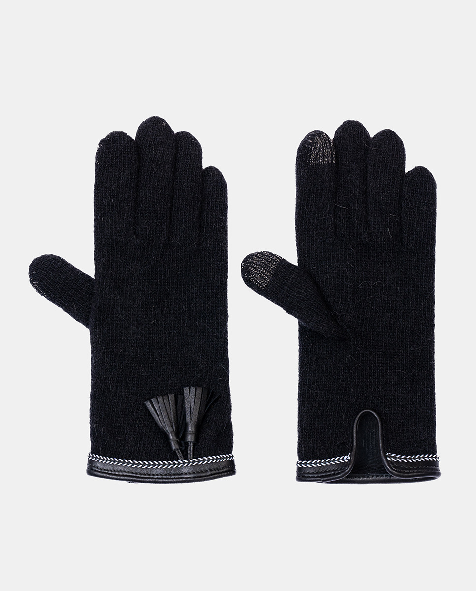 Luvas de Malha de Lã com Punho e Franjas em Pele Preto-1