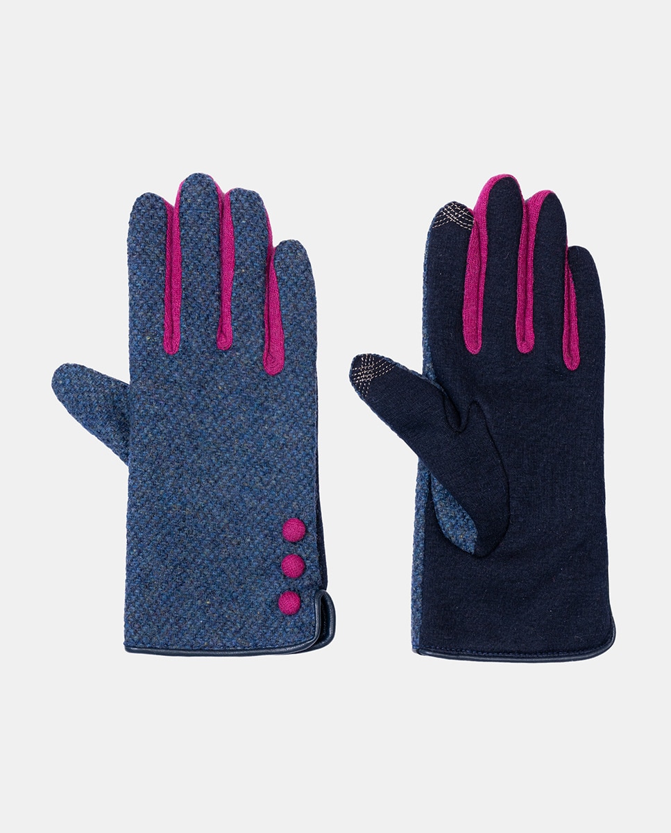 Luvas de Malha de Lã Forradas com Botões em Contraste Azul-marinho-1