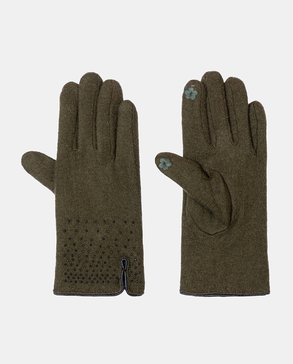 Luvas de Lã Forradas com Vivos em Pele e Tachas Verde-1