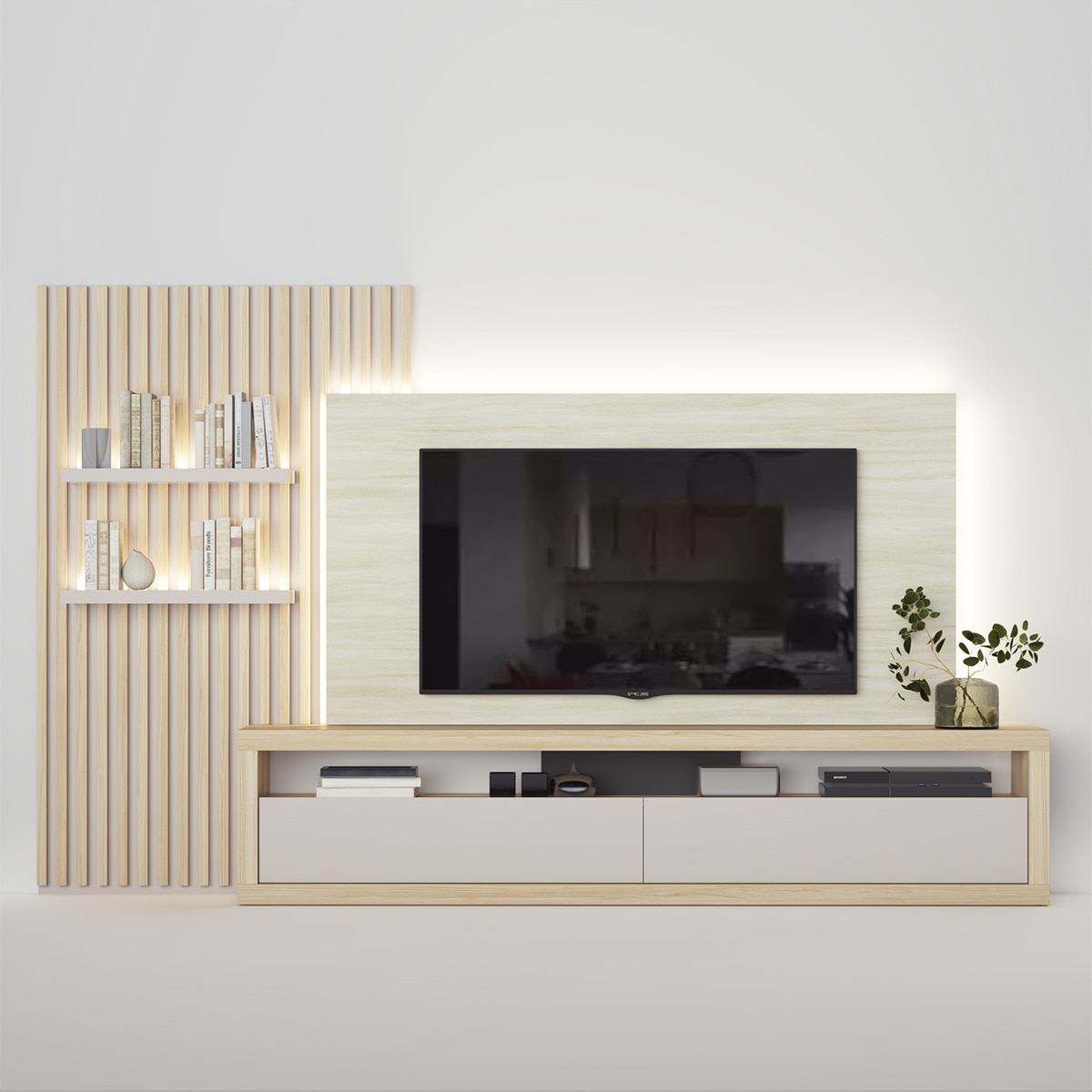 Móvel de Sala 300 cm com Painel Qubic New 2.0 Cinzento/Madeira-1