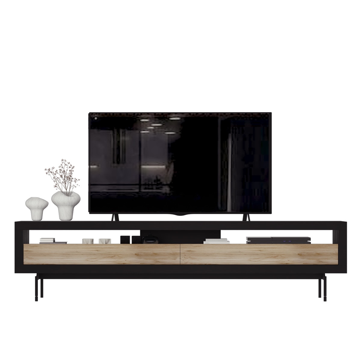 Móvel de TV de Madeira de Carvalho com Pés Qubic New 2.0 Madeira/Preto-1