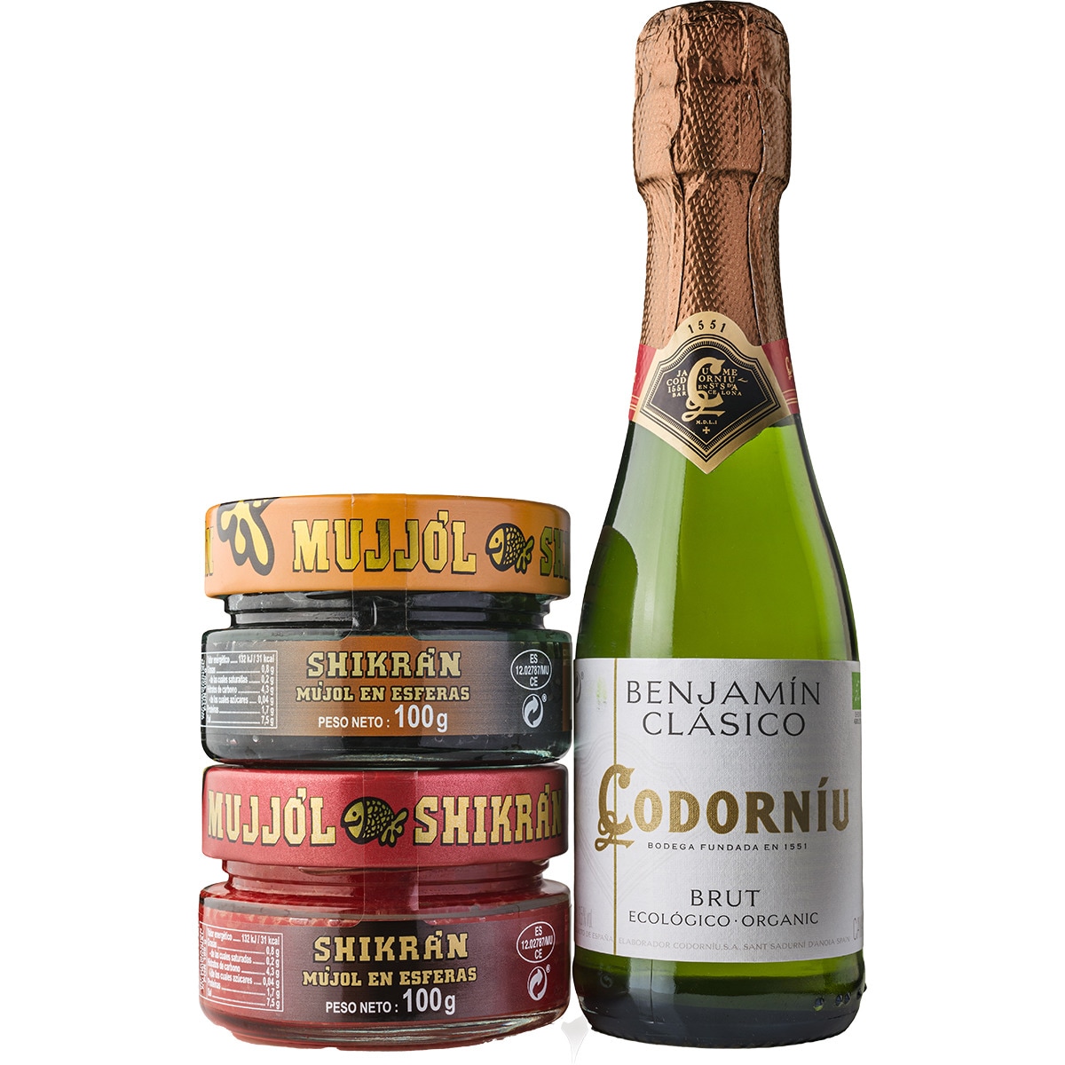 mujjol shikrán rojo tarro 100 g + mujjol shikrán negro tarros 100 g con cava benjamín clásico Codorniu
