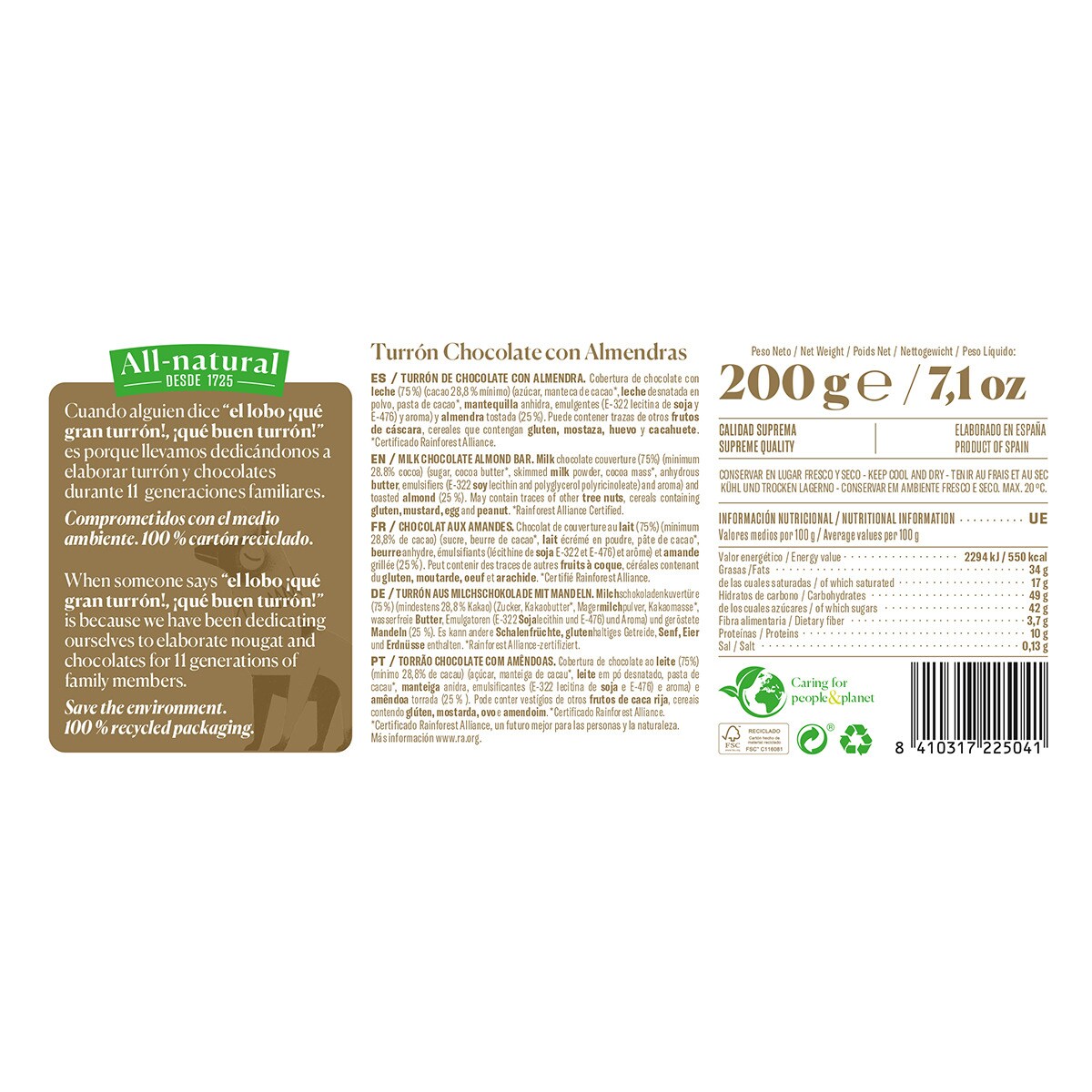 Turrón de chocolate con almendras Calidad Suprema tableta 200 g · EL