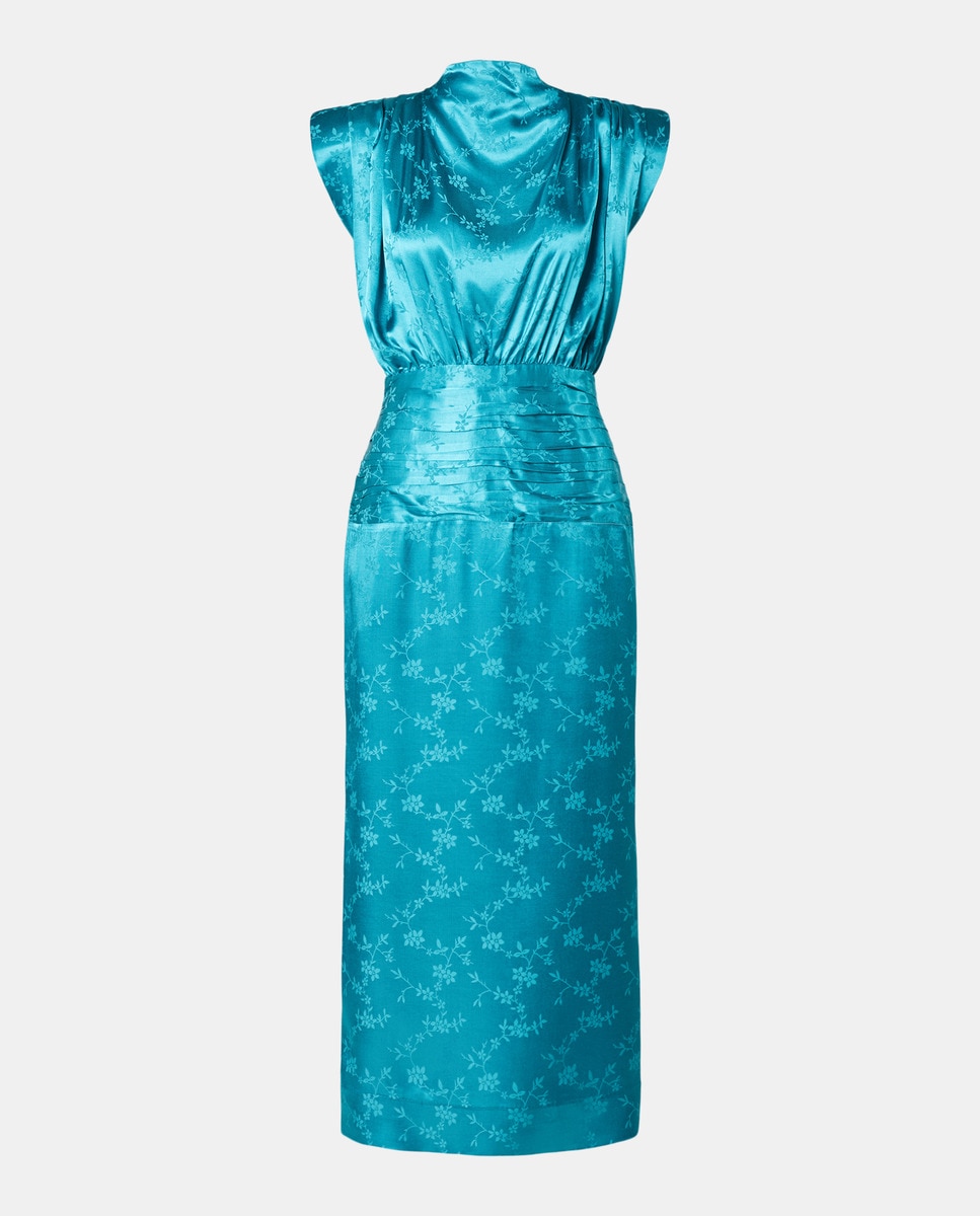 Vestido Drapeado com Gola Subida e Jacquard Azul-escuro-4