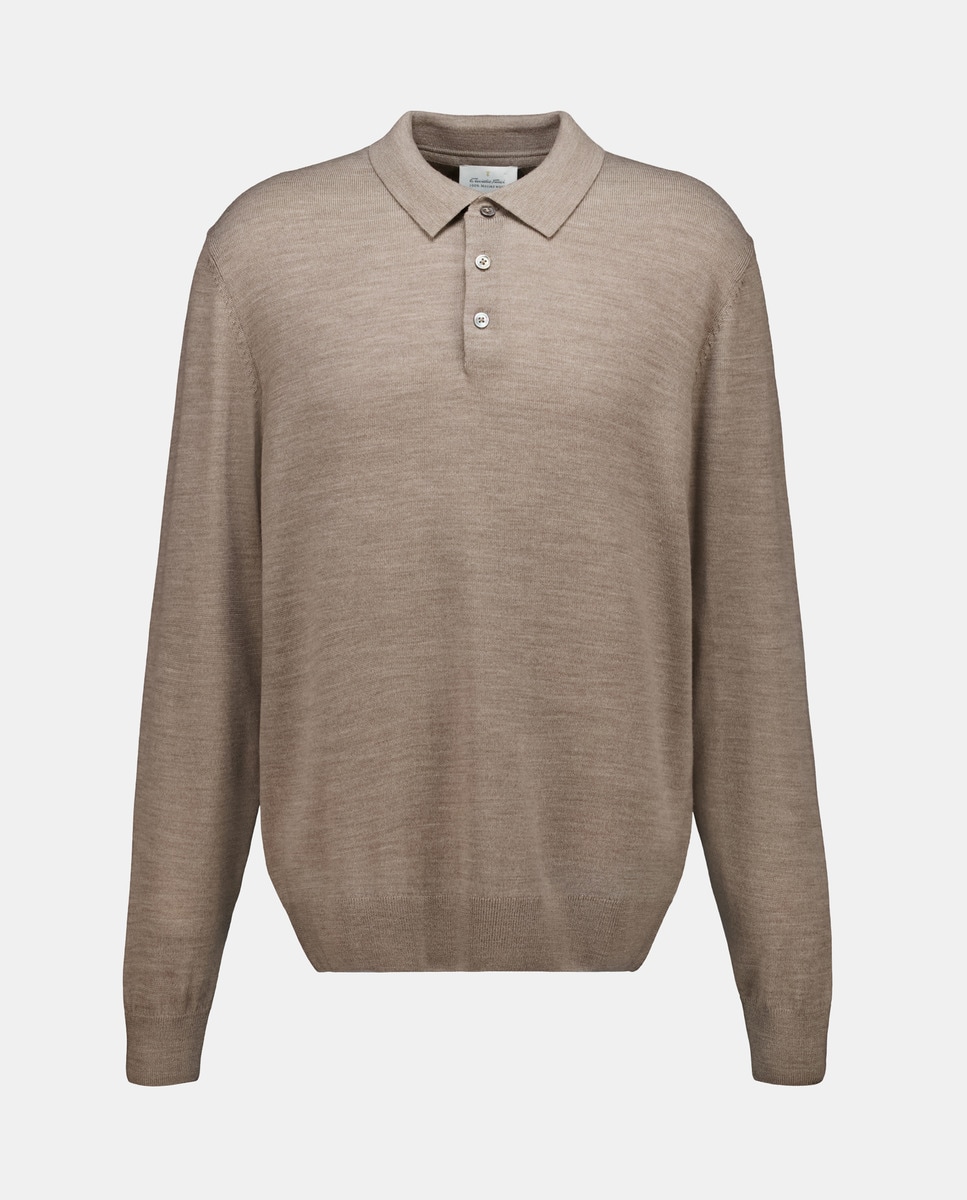 Camisola de Malha 100% Merino Lisa com Colarinho de Polo com Fecho de Correr Bege-4