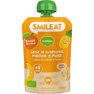 postre de leche de almendras, mango y piña ecológico sin gluten, sin leche desde 9 meses bolsita 100 g sin azúcares añadidos - Smileat