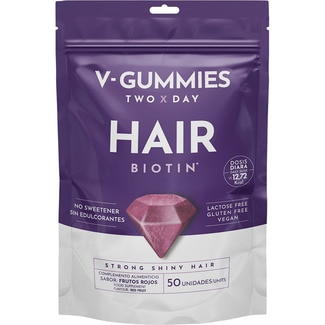 Hair Biotin gominolas para pelo fuerte y brillante sabor frutos rojos bolsa 50 unidades sin gluten, sin lactosa, vegano y sin edulcorantes - V-gummies