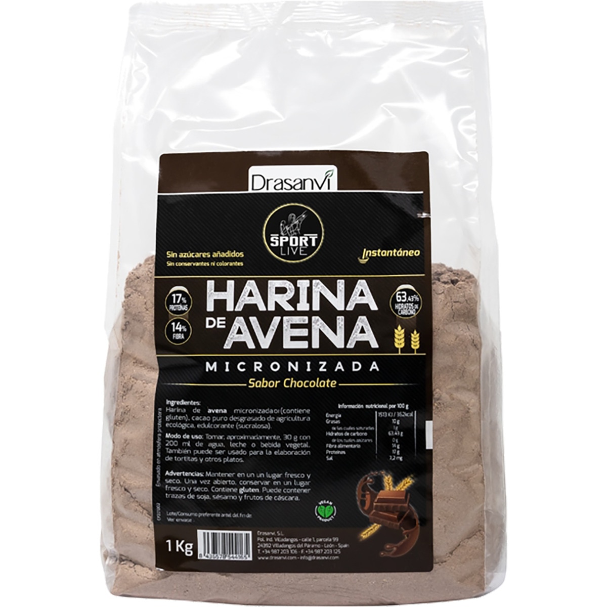 Sport Live harina de avena micronizada instántanea sabor chocolate sin azúcares añadidos bolsa 1 kg