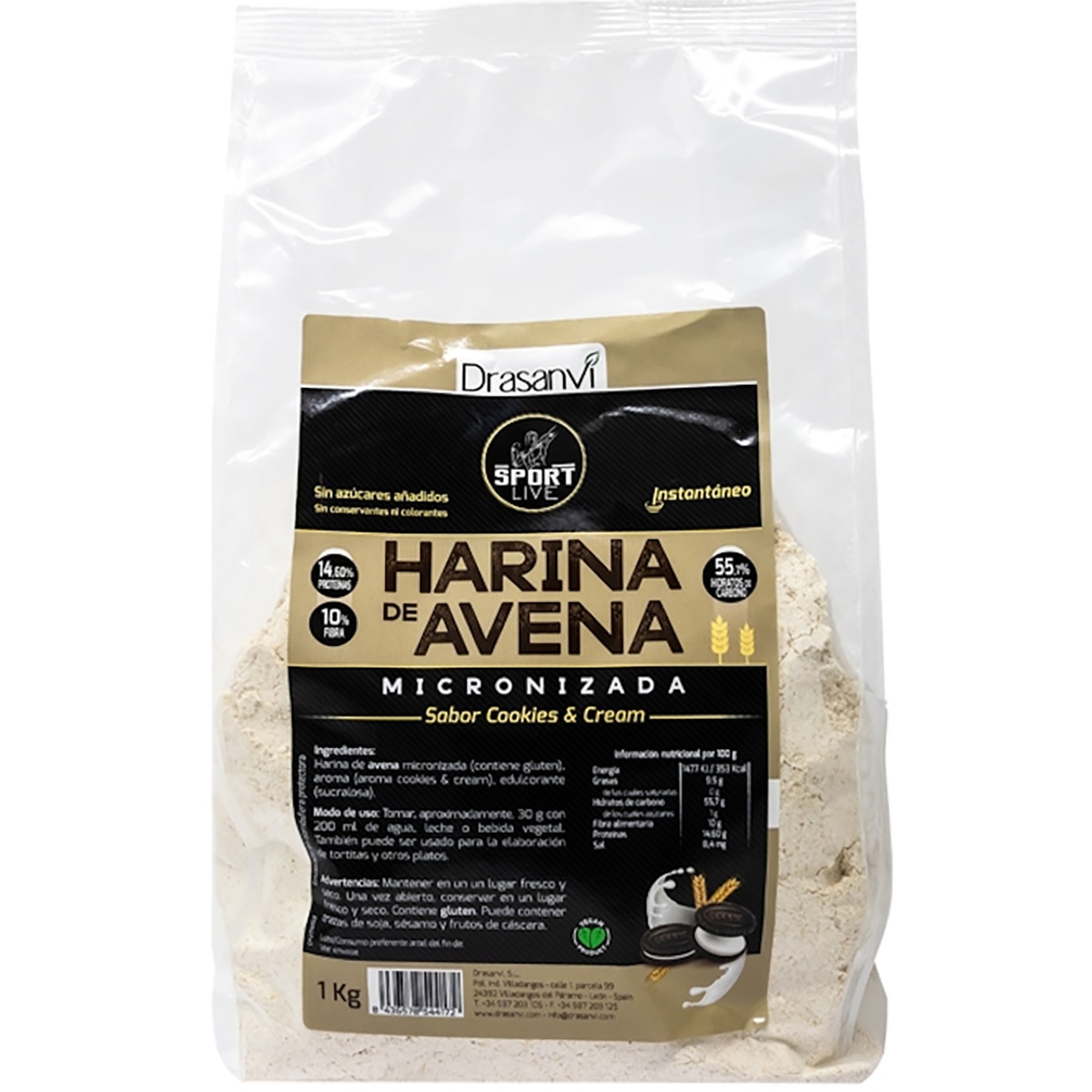 Sport Live harina de avena micronizada instantánea sabor cookies and cream bolsa 1 kg sin azúcares añadidos