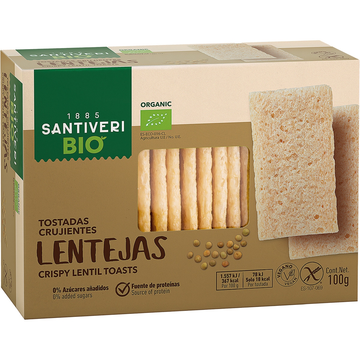 Organic Bio tostadas crujientes con lentejas ecológicas, sin gluten Y 0% azúcares añadidos paquete 100 g