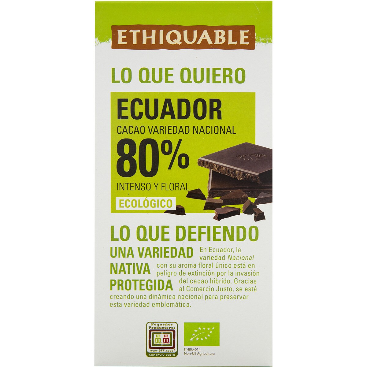chocolate negro 80% cacao de Ecuador ecológico tableta 100 g