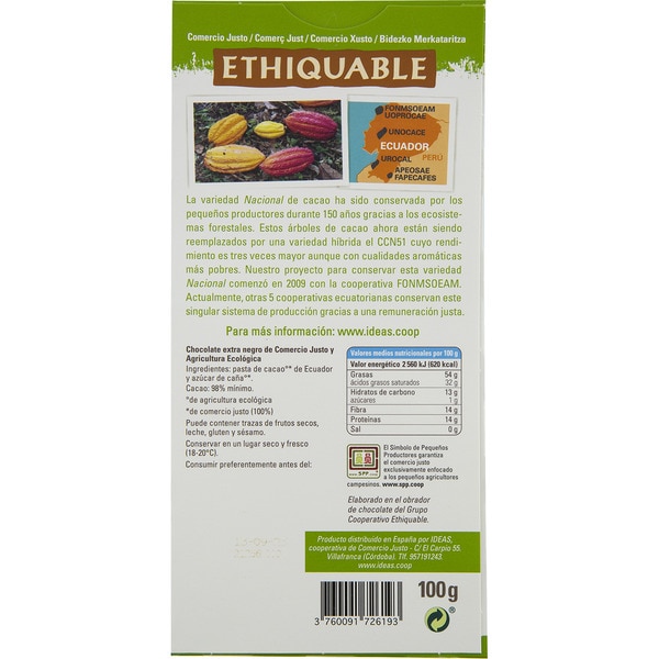 chocolate negro 98% cacao de Ecuador ecológico tableta 100 g