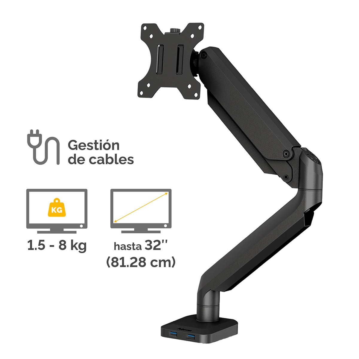 Brazo elevador a gas para 1 pantalla Fellowes Platinum, con 2 Puertos USB, negro Negro-4