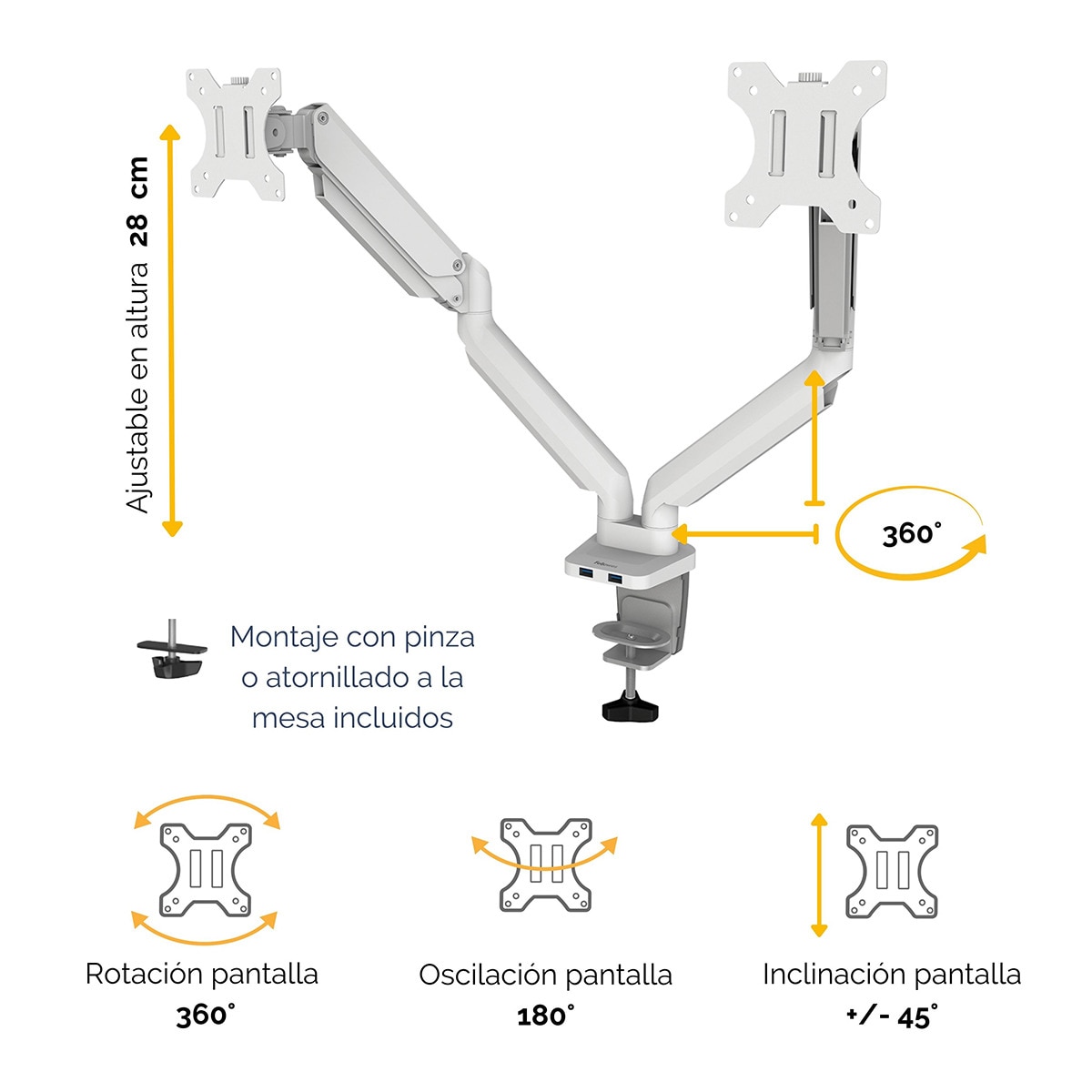 Brazo elevador a gas para 2 pantallas Fellowes Platinum, con 2 Puertos USB, blanco Blanco-6