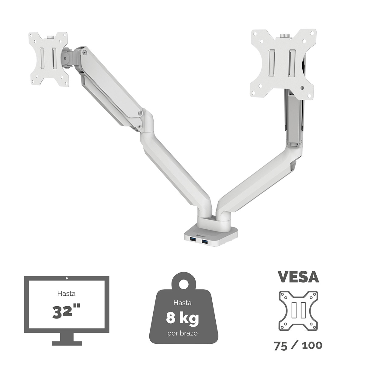 Brazo elevador a gas para 2 pantallas Fellowes Platinum, con 2 Puertos USB, blanco Blanco-5