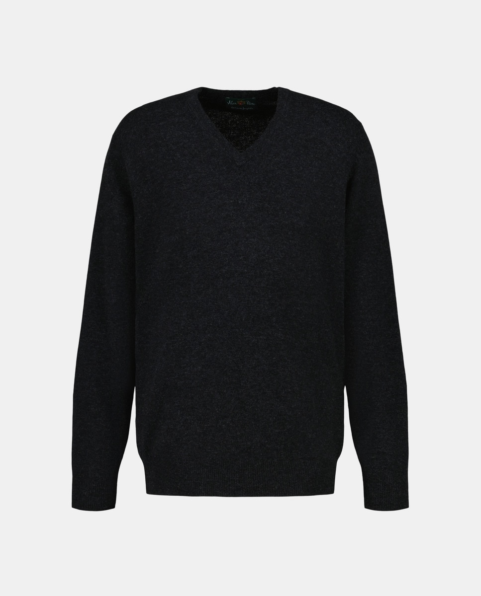 Camisola de Malha com Decote em Bico e 100% Lã Cinzento-escuro-4