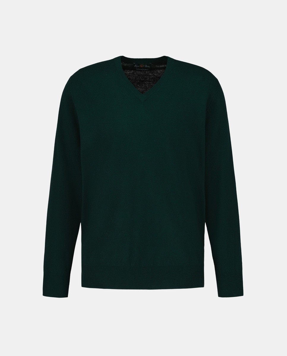 Camisola de Malha com Decote em Bico e 100% Lã Verde-escuro-4