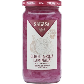 cebolla roja laminada en vinagre frasco 220 g neto escurrido - Sarasa