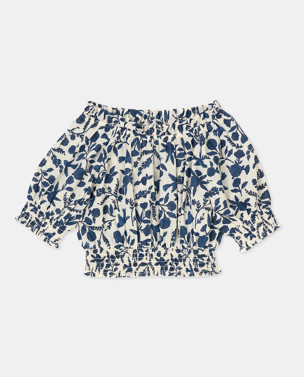 Blusa de Manga Curta com Elásticos no Decote Azul-4