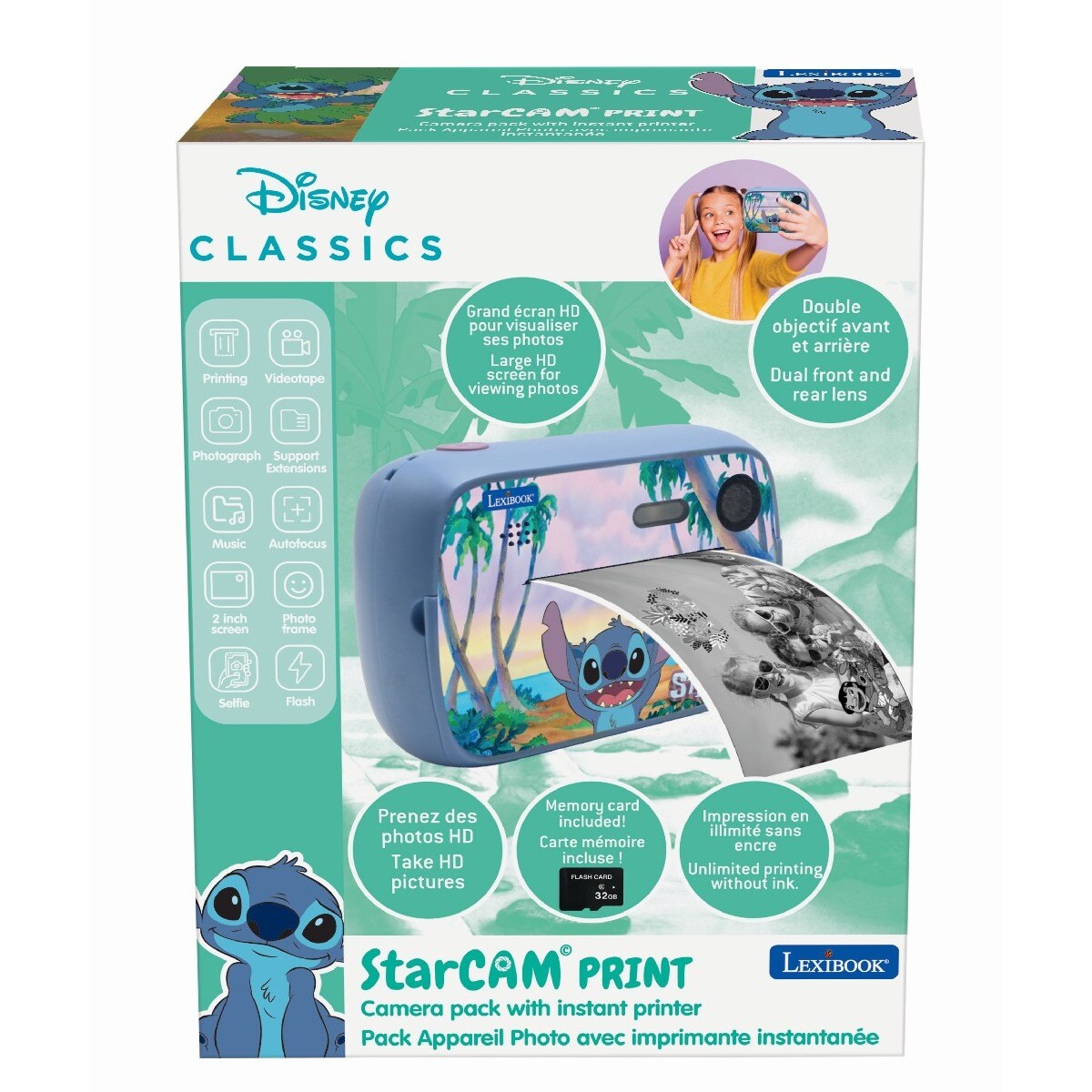 Stitch Starcam® Print, pacote de câmara com impressora instantânea, cartão SD e kit de personalização de fotografias 3