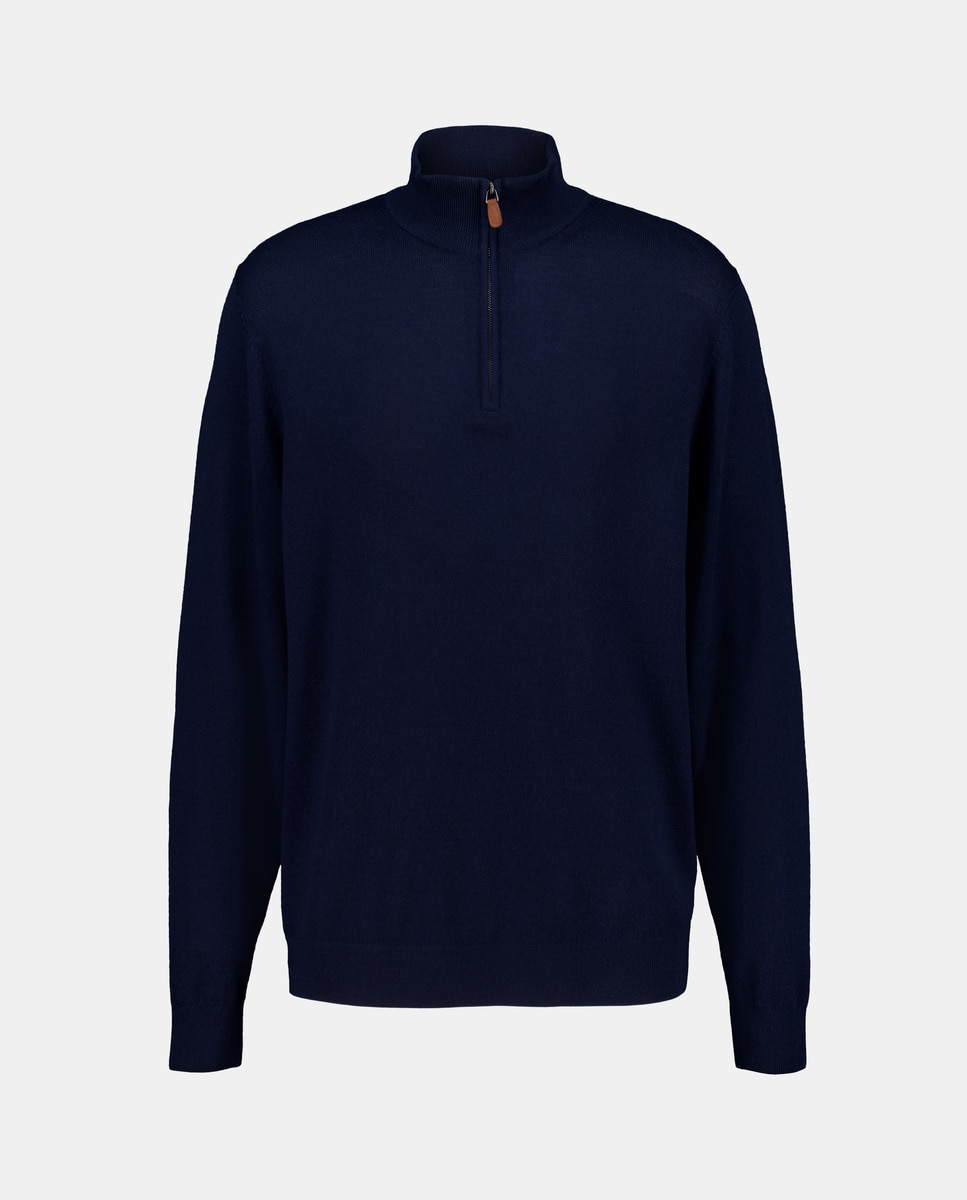Camisola de Malha 100% Merino Lisa com Gola Semi Cisne com Fecho de Correr Azul-marinho-4