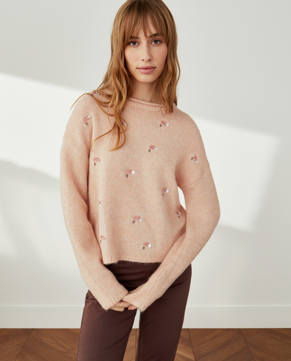 Camisola de Malha com Bordado Rosa-claro-2
