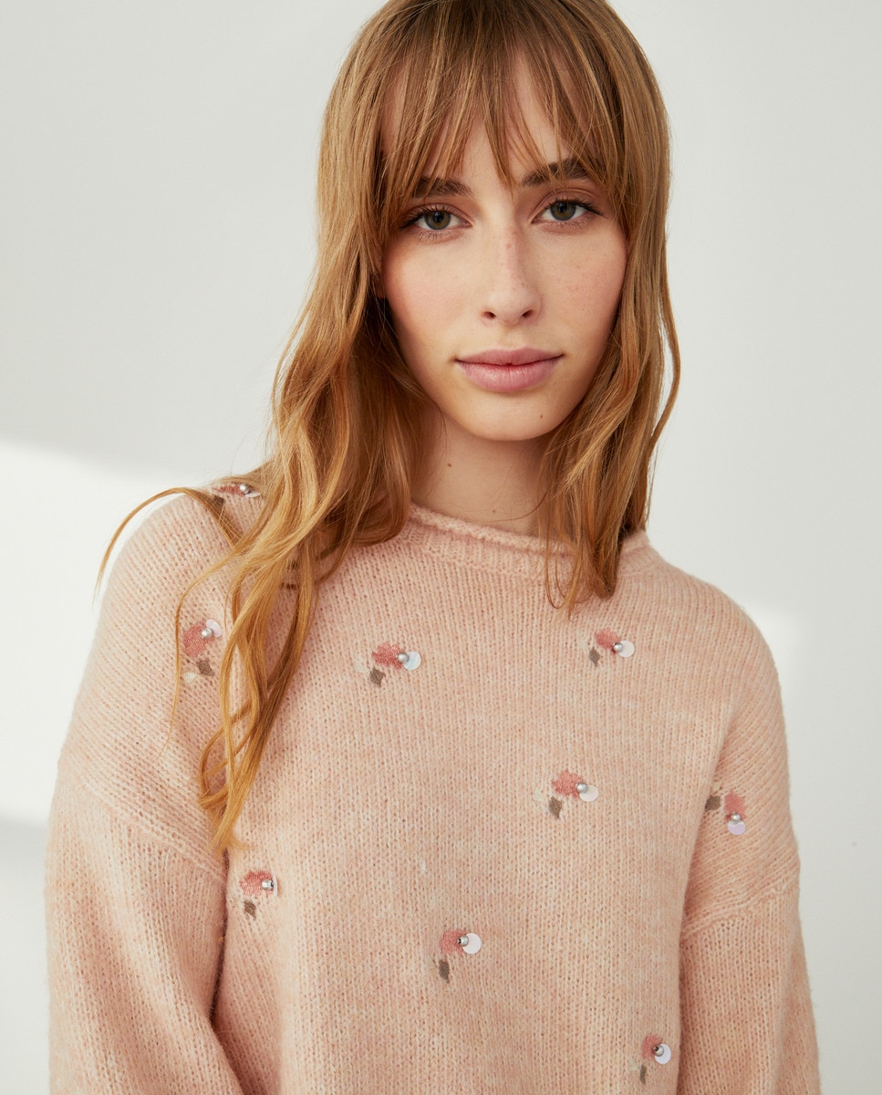 Camisola de Malha com Bordado Rosa-claro-1