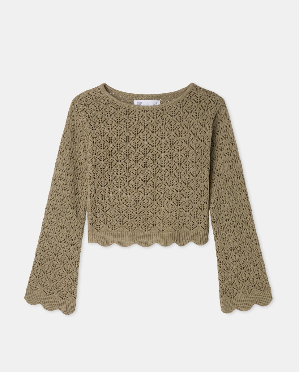 Camisola de Malha Cropped com Malha Aberta 520 Caqui-4