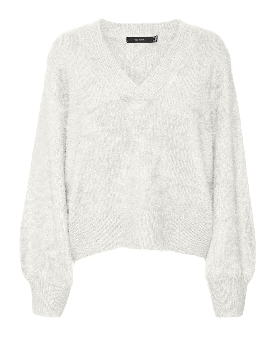 Camisola de Malha com Decote em Bico Branco-5