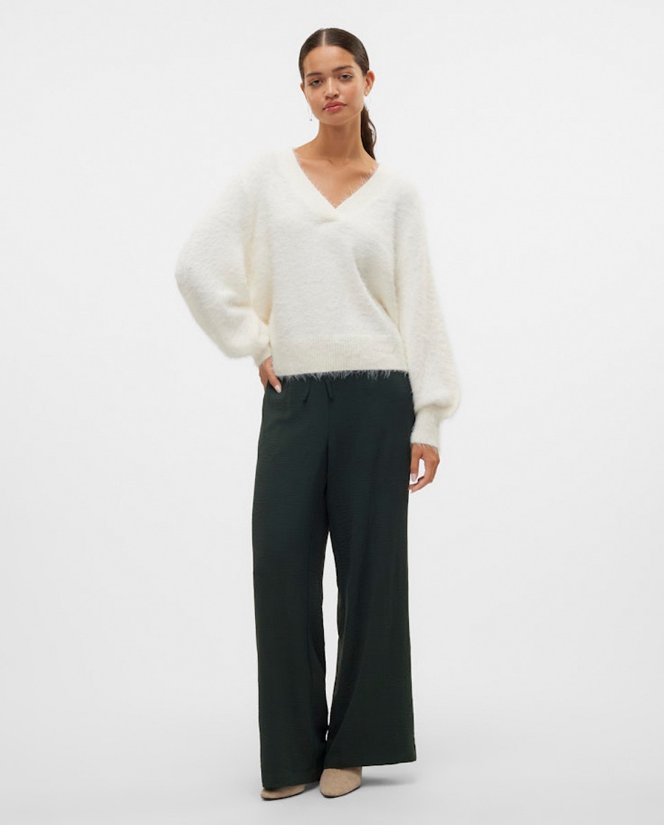 Camisola de Malha com Decote em Bico Branco-6