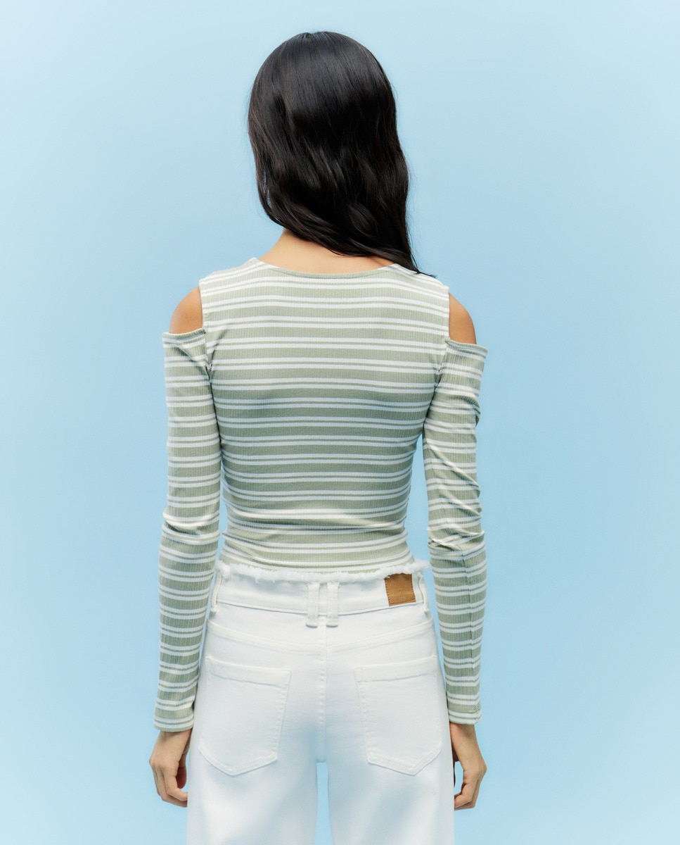 Camisola de Manga Comprida Canelada às Riscas Verde Sálvia-3