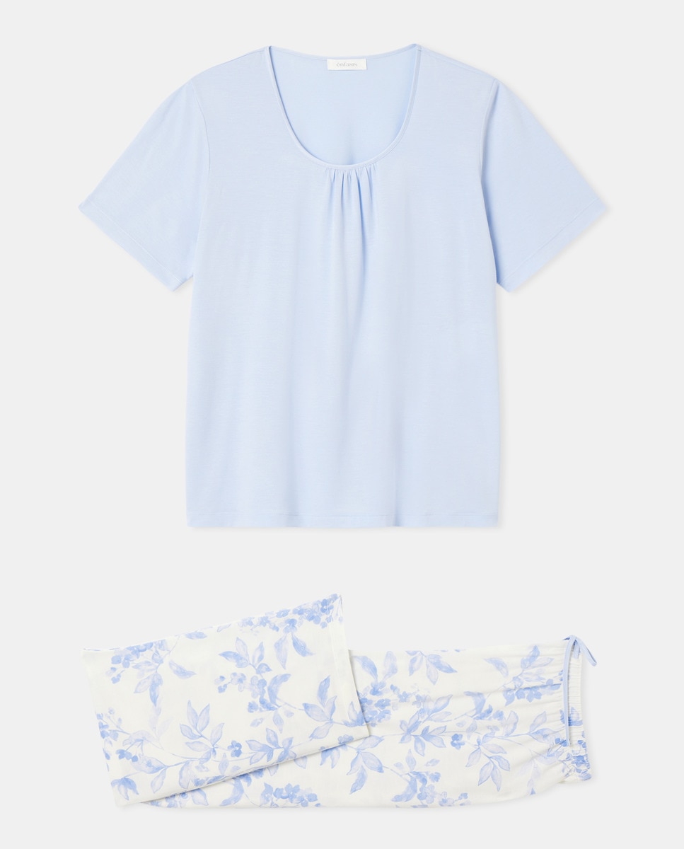 Pijama de Cetim com Calças Estampadas e Parte de Cima Lisa com Vivos Azul-3