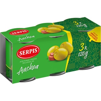 aceitunas rellenas de anchoa pack 3 latas 50 g neto escurrido - Serpis