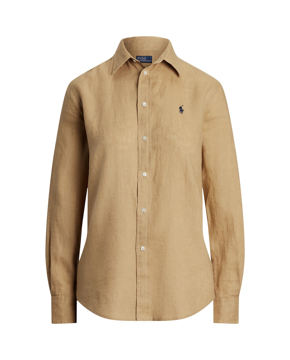 Camisa de linho de mulher com manga comprida Camel-6