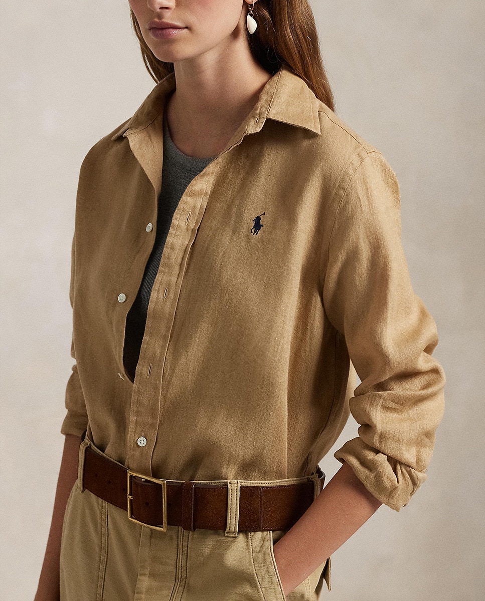Camisa de linho de mulher com manga comprida Camel-4