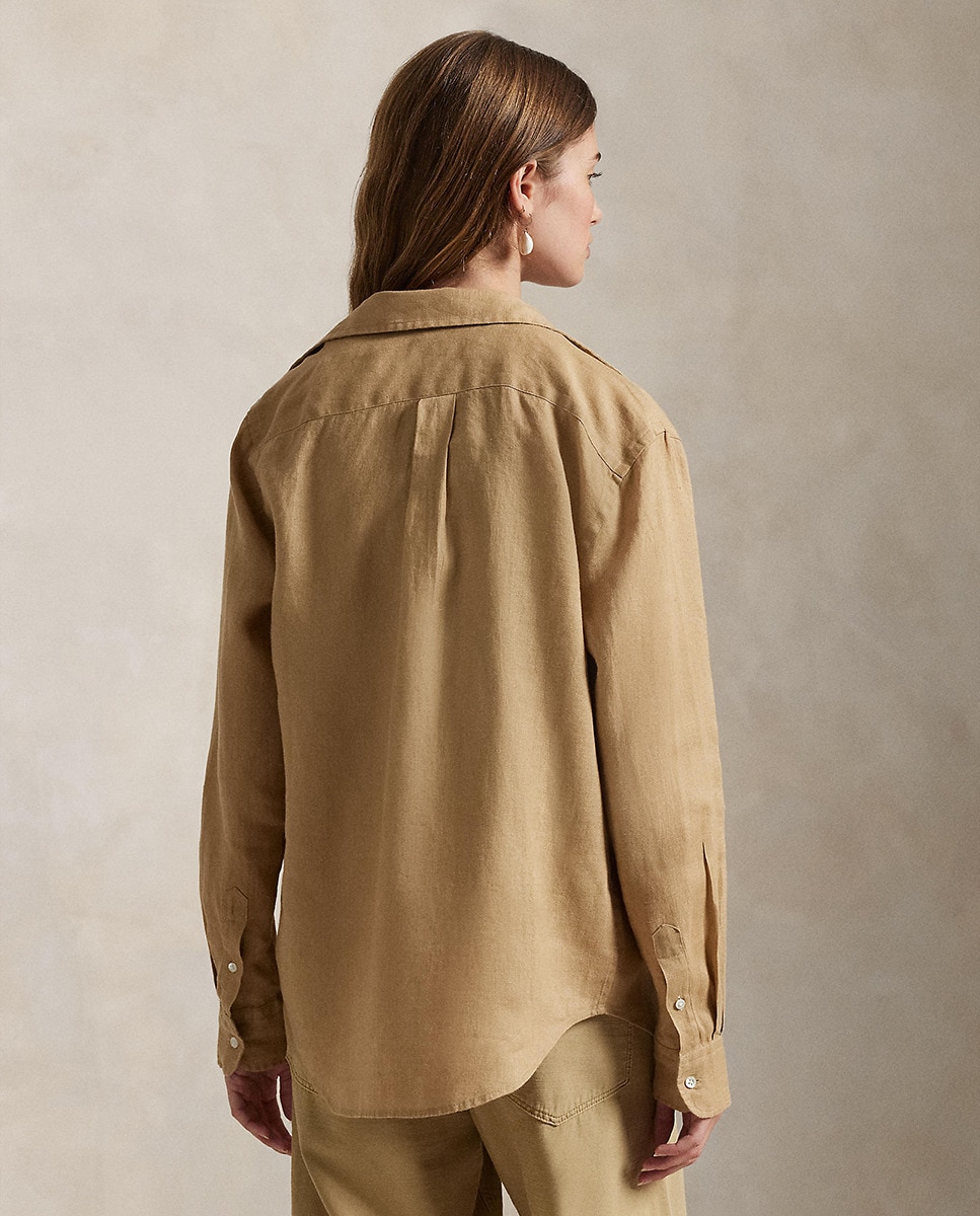 Camisa de linho de mulher com manga comprida Camel-3