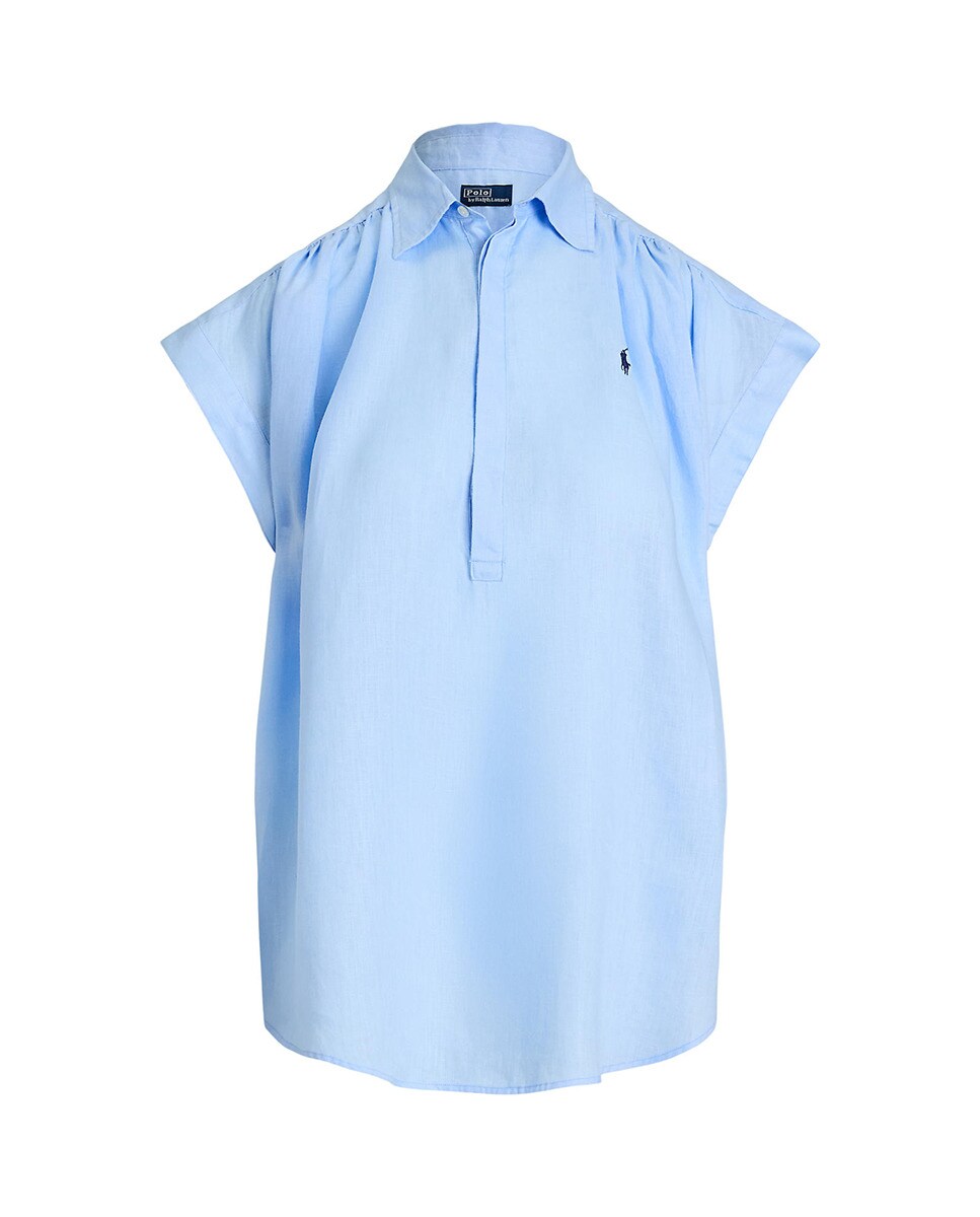 Blusa de Linho com Manga Curta Azul-claro-5