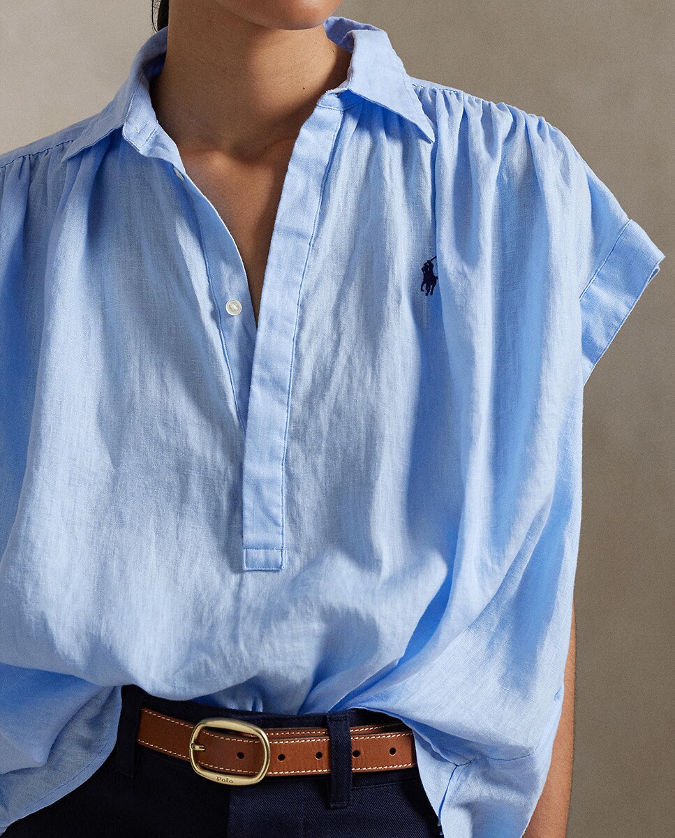 Blusa de Linho com Manga Curta Azul-claro-4