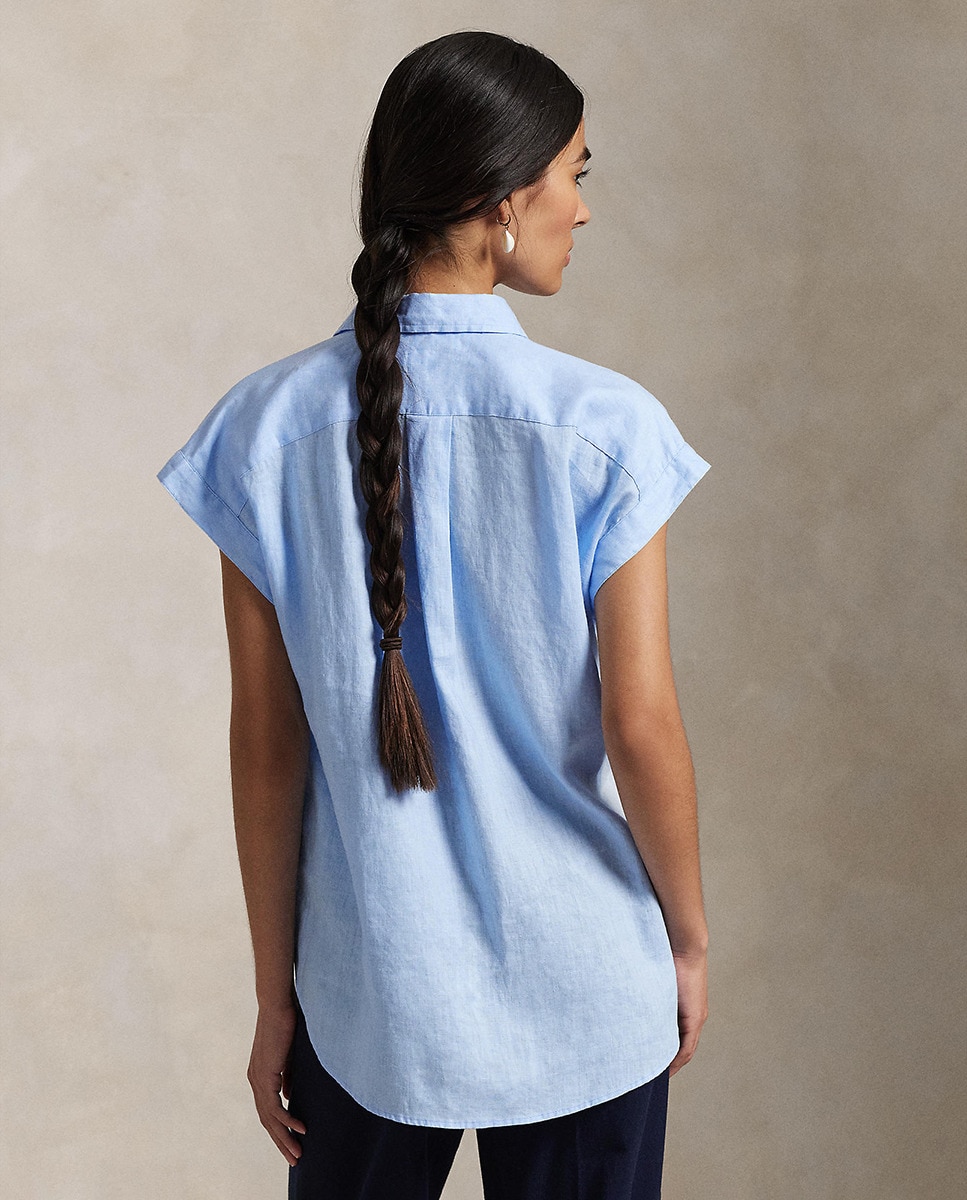 Blusa de Linho com Manga Curta Azul-claro-3