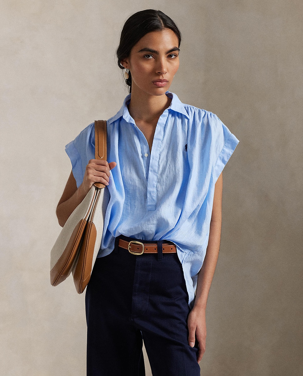 Blusa de Linho com Manga Curta Azul-claro-1