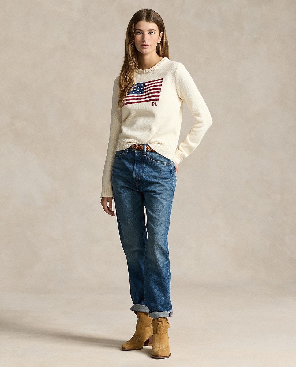 Camisola de Malha de Algodão com a Bandeira dos EUA Cru-7