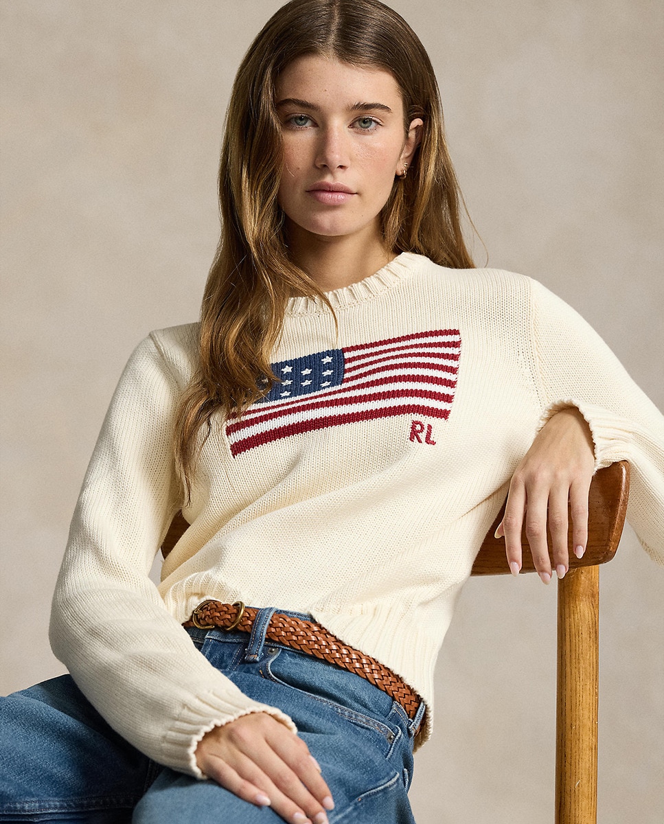 Camisola de Malha de Algodão com a Bandeira dos EUA Cru-5