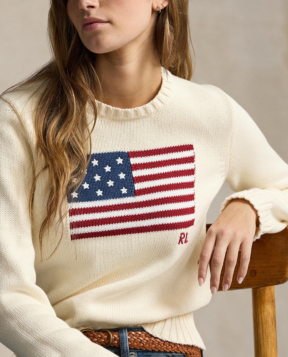 Camisola de Malha de Algodão com a Bandeira dos EUA Cru-4