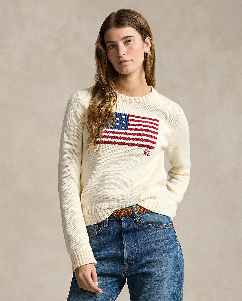 Camisola de Malha de Algodão com a Bandeira dos EUA Cru-1