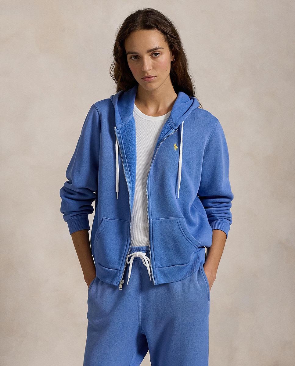 Sweatshirt de Algodão com Fecho de Correr Azul-claro-1