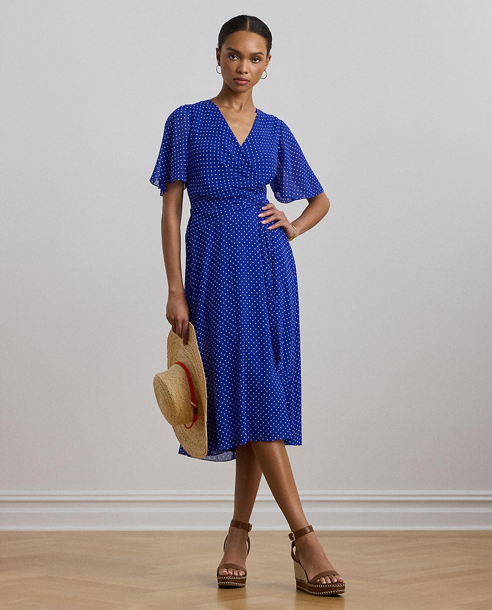Vestido Midi de Manga Curta com Folho Azul-6