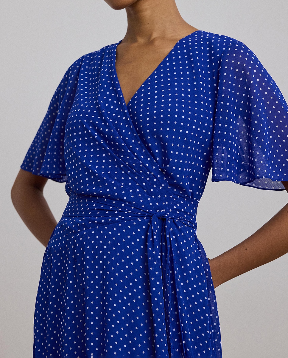 Vestido Midi de Manga Curta com Folho Azul-5