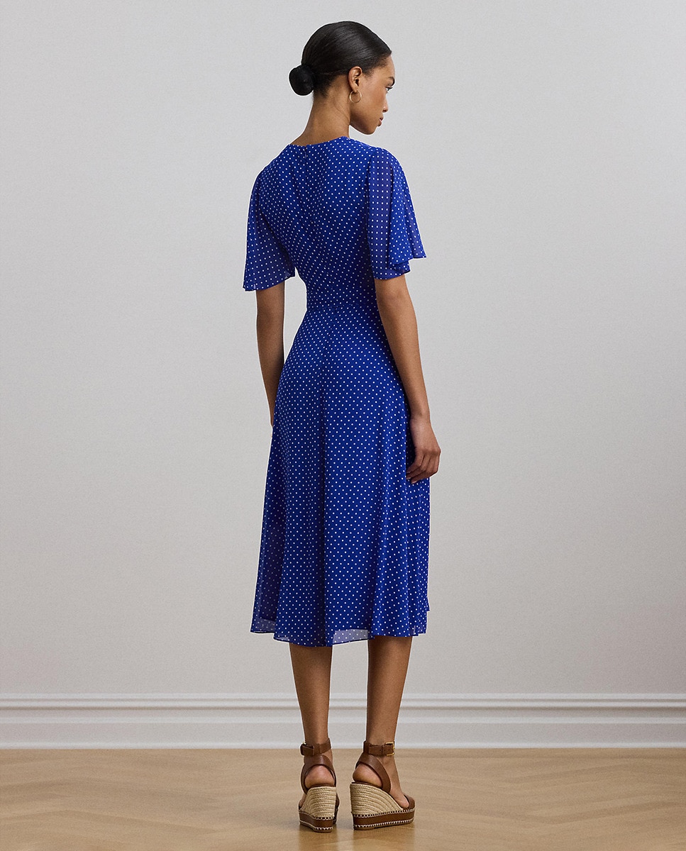 Vestido Midi de Manga Curta com Folho Azul-3