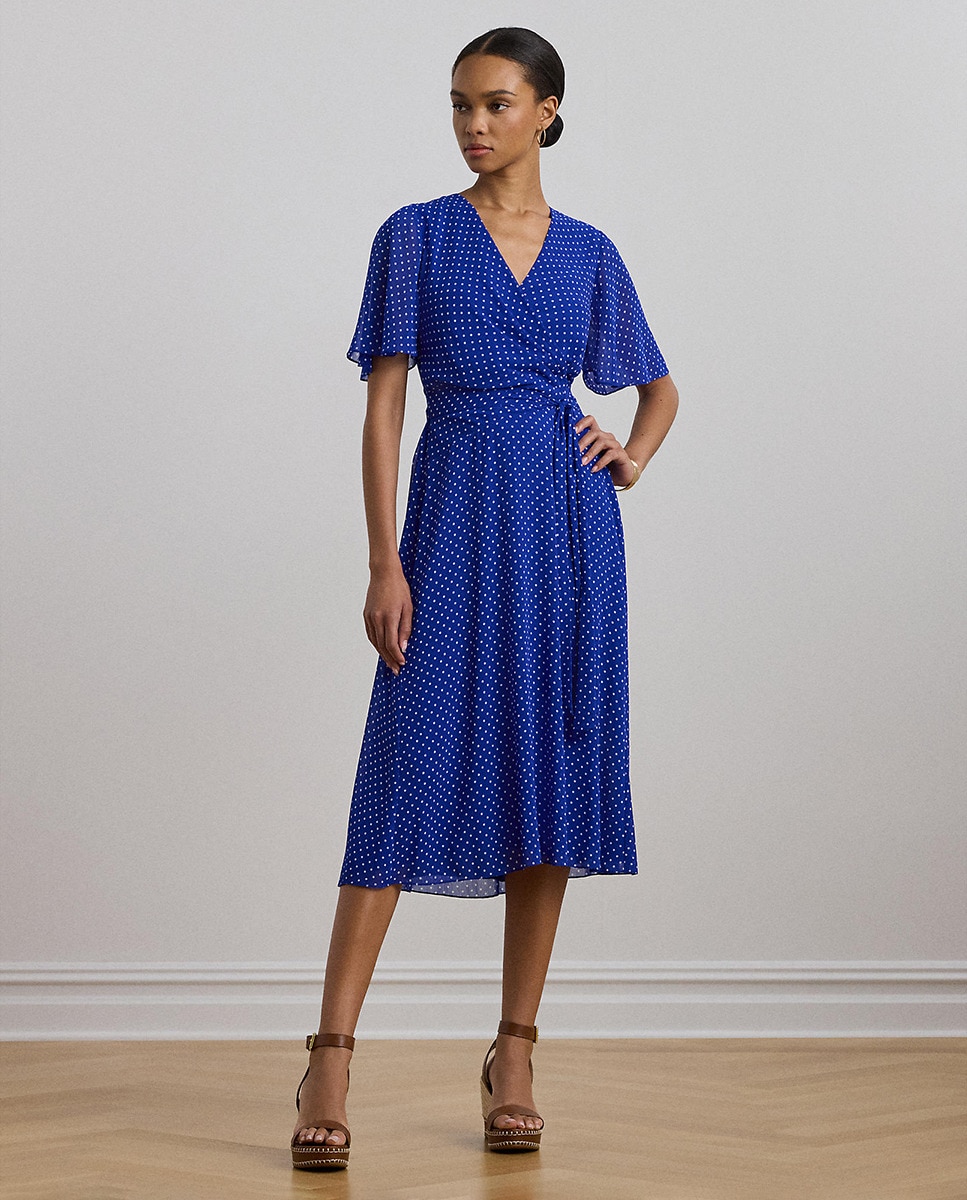 Vestido Midi de Manga Curta com Folho Azul-1