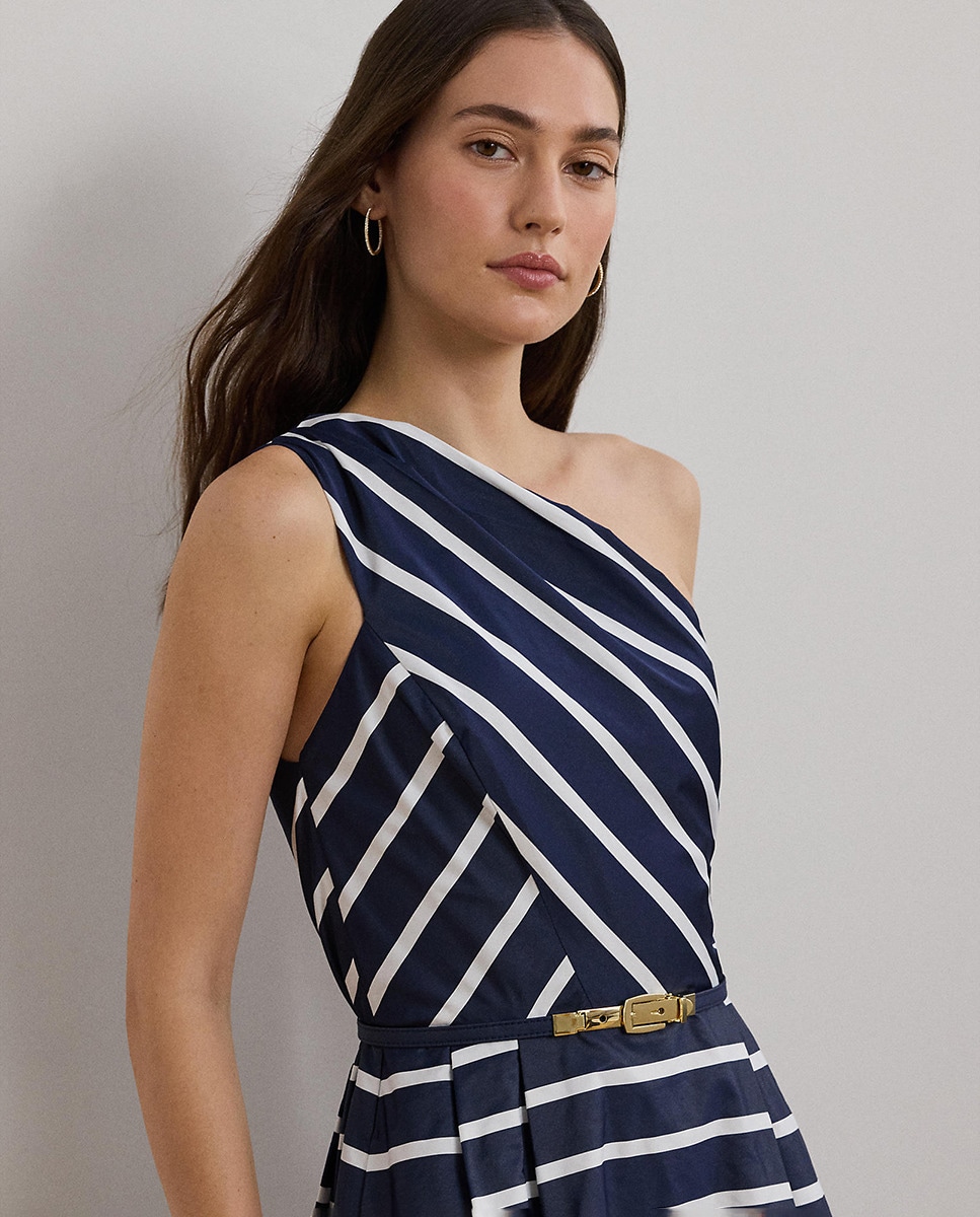 Vestido de Cocktail Midi às Riscas Azul-marinho-5